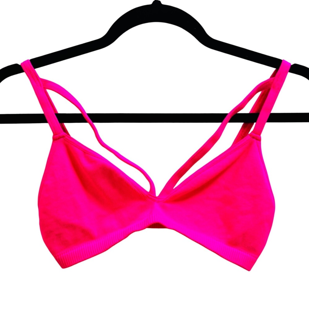Intimately Free People Neon Pink Ribbed Strappy Bralette M/L Seamless Triangle